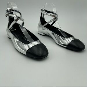 STUART WEITZMAN -SZ7B/37.5 Silver & Black Cap Toe Calf Leather Ballet Flats $600